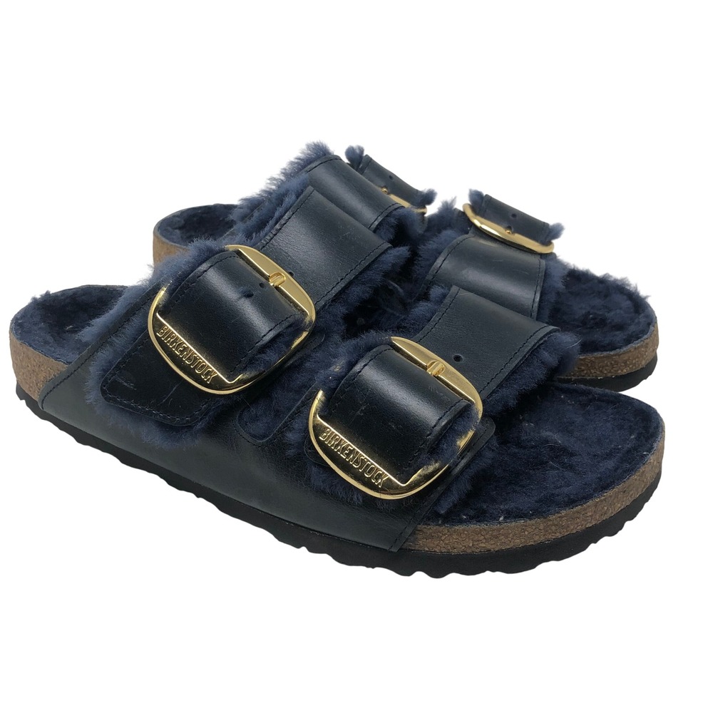 Birkenstock Arizona Buckle Sandals 41 US 10 Womens Midnight Navy Shearling Gold
